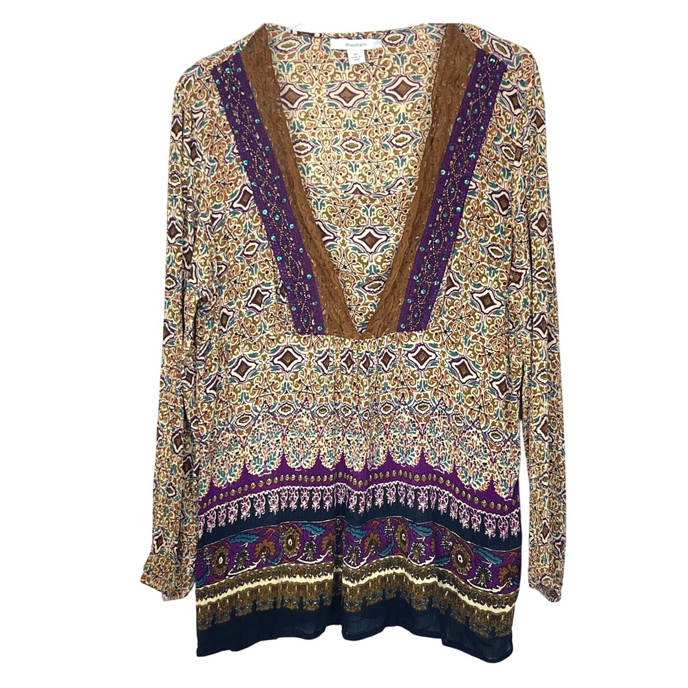 Dressbarn Tunic Top Women XL Multicolor Excellent Paisley Lace Sequin Boho Boho - Picture 2 of 13